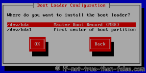 Select where to install bootloader, Master Boot Record (MBR) or First sector of boot partition