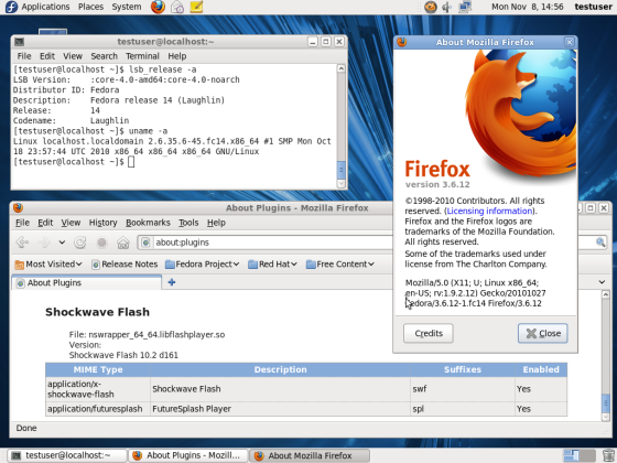 Fedora 14 x86_64 64-bit Adobe Flash Player Square Installed  Firefox 3.6.12