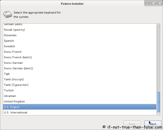 Fedora 16 Installer - Select Keyboard