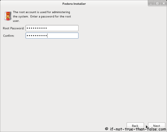 Fedora 17 Installer - Set root password