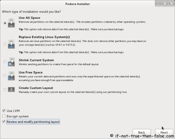 Fedora 16 Installer - Select Installation Type