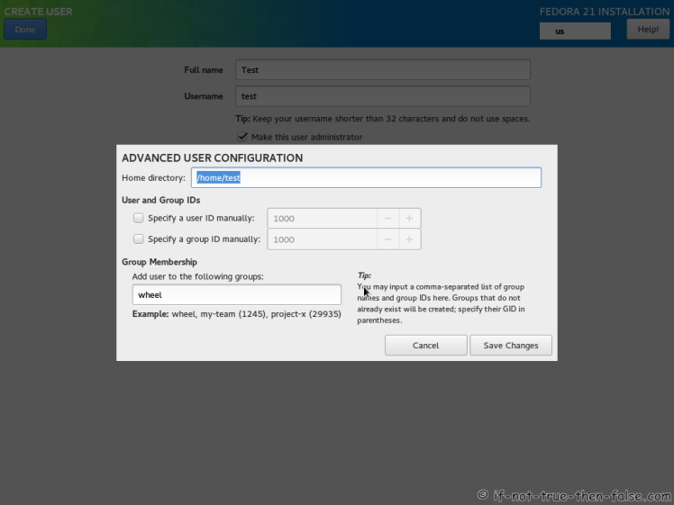 Fedora 21 User Account Advanced Options Screen
