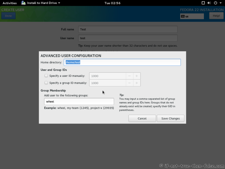 Fedora 22 User Account Advanced Options Screen