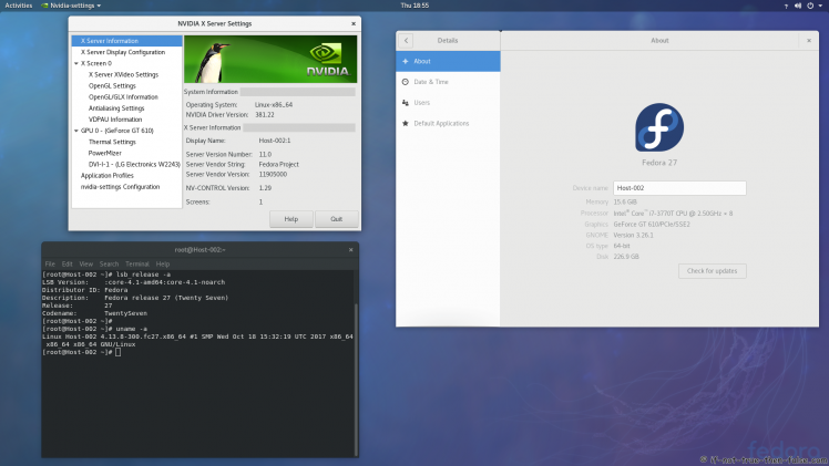 nVidia 381.22 drivers on Fedora 27 Gnome 3.26.1 with Kernel 4.13
