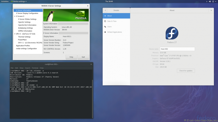 nVidia 384.90 drivers on Fedora 27 Gnome 3.26.1 with Kernel 4.13