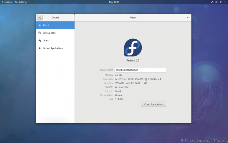 Fedora 27 Gnome 3.26.1 Details