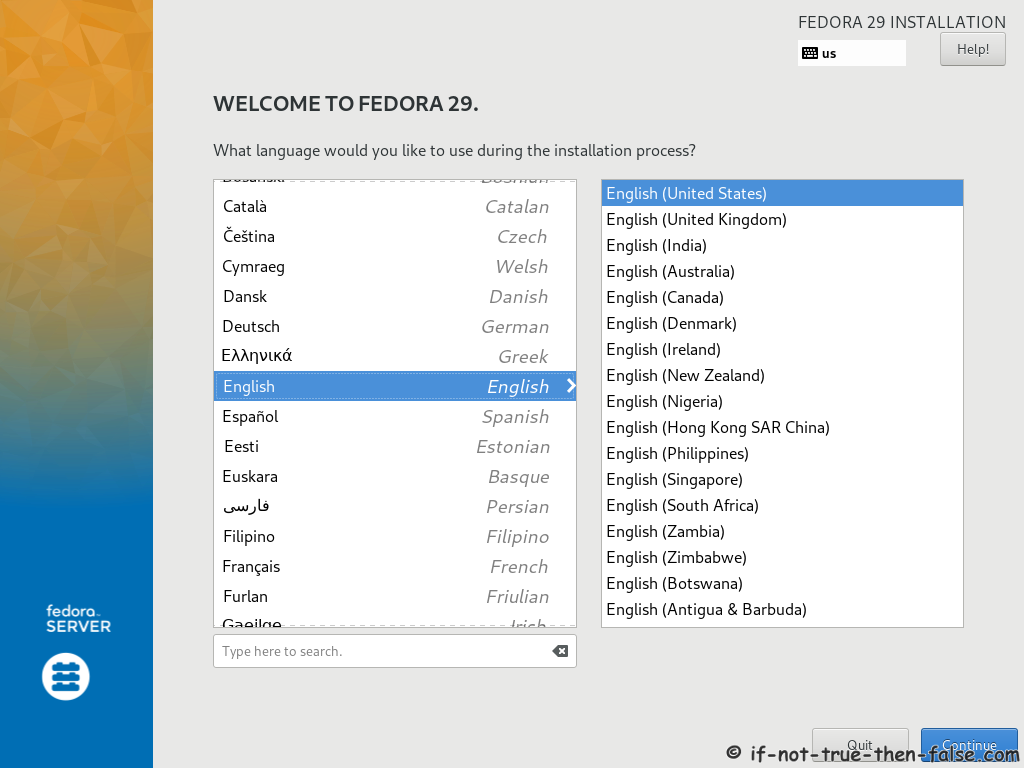 Fedora 29 Server Install Select Language