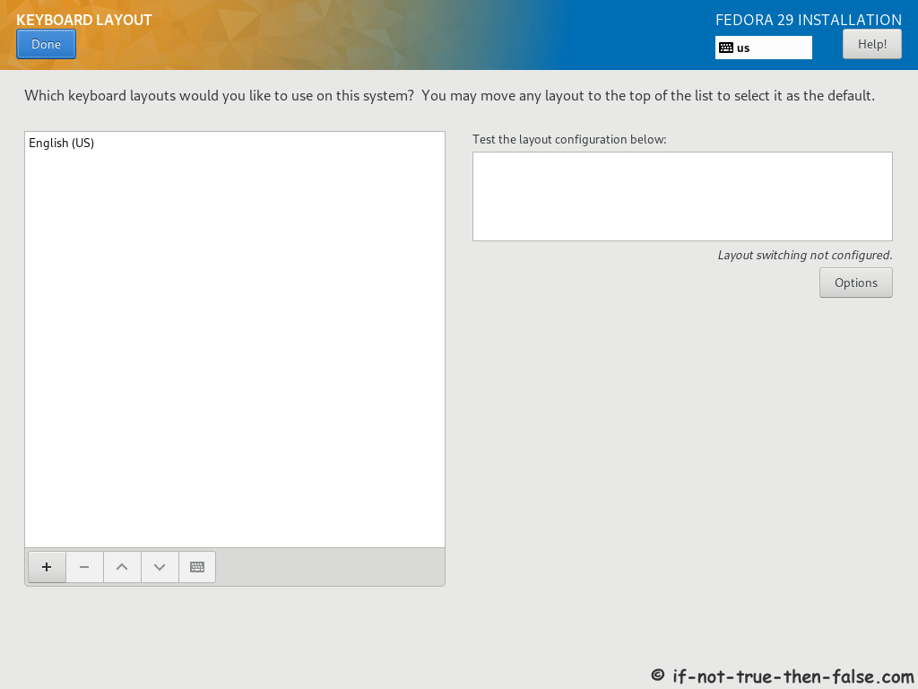 Fedora 29 Server Install Select Keyboard Layout