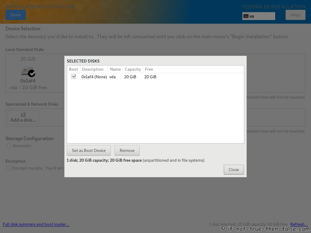 Fedora 29 Server Install Full Disk Summary and Boot Loader