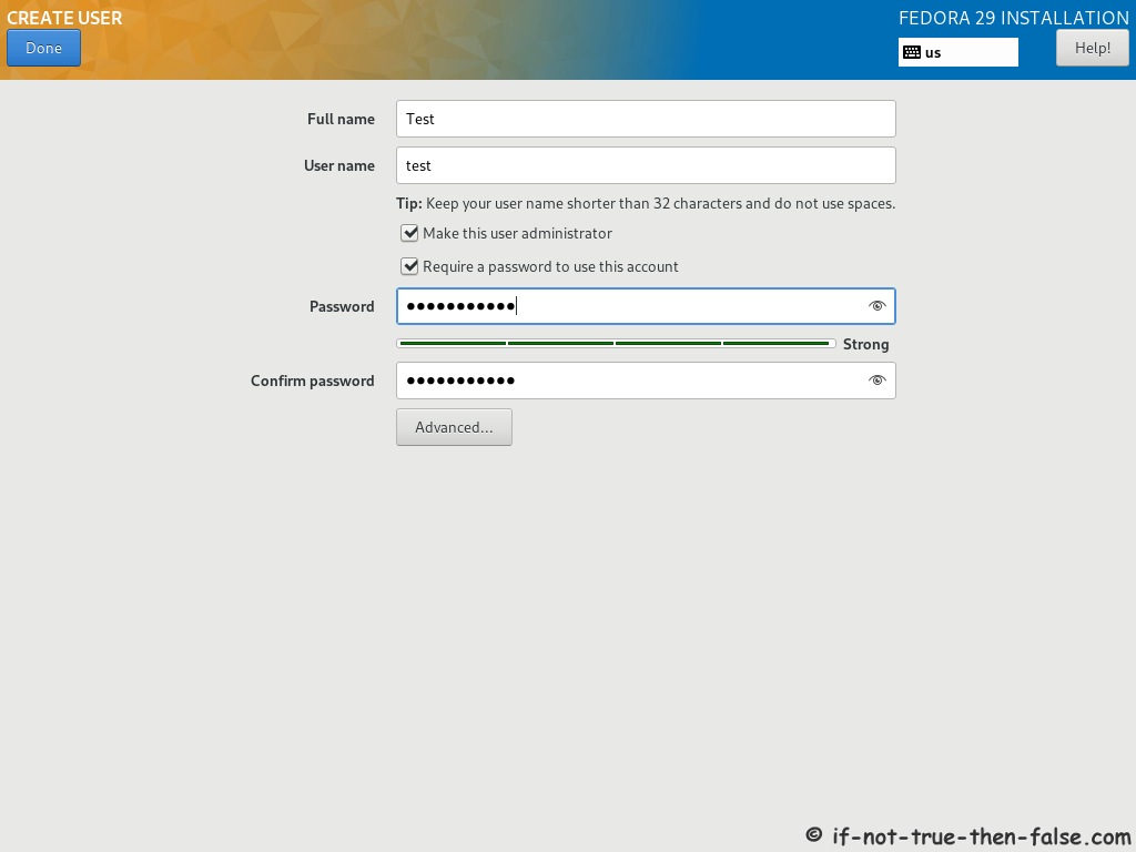 Fedora 29 Server Install Create User