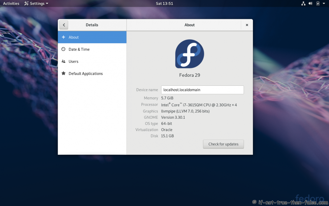 Fedora 29 Gnome 3.30.1 Details