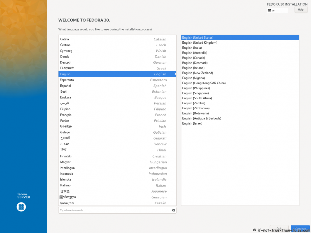 Fedora 30 Server Install  Select Language