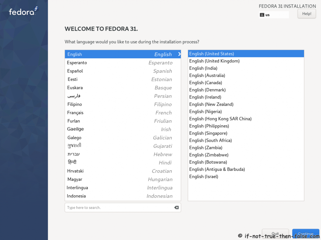 Fedora 31 Desktop Install - Select Language