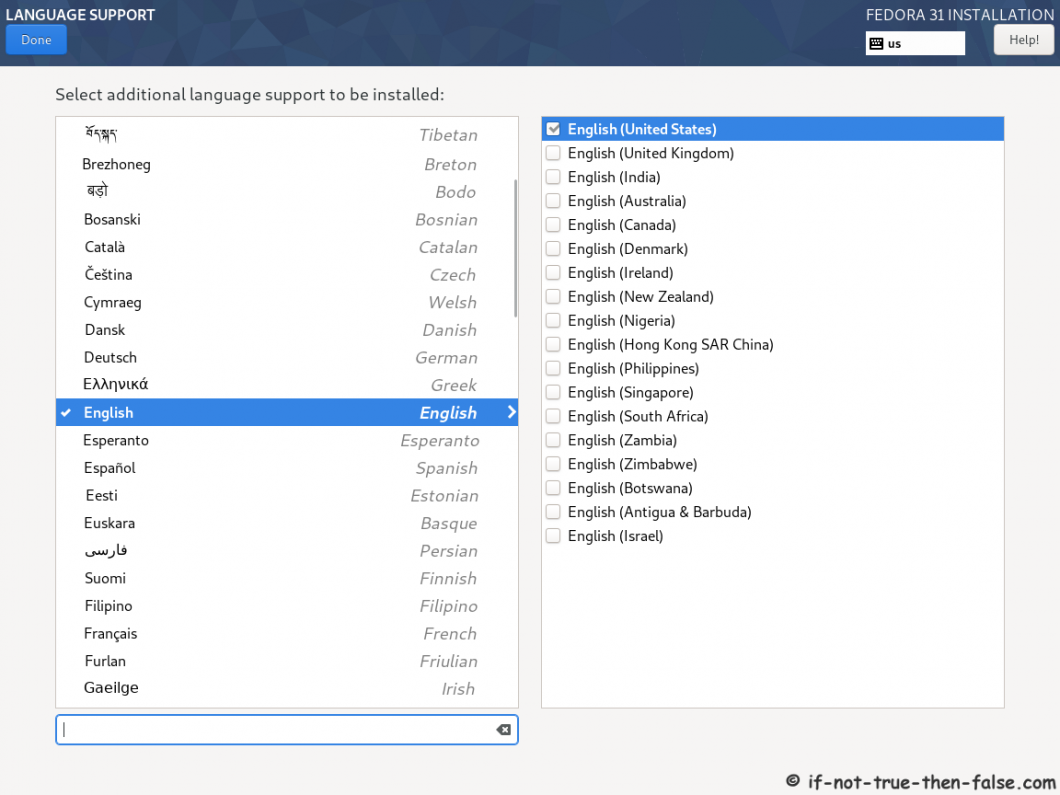 Fedora 31 Desktop Install - Select Language Support