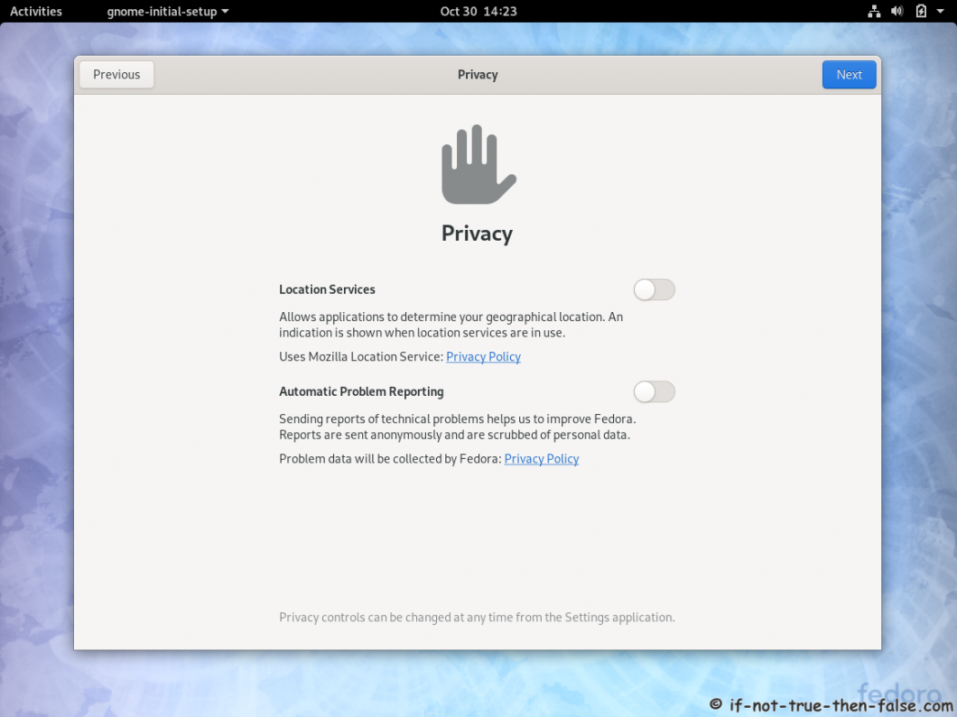 Fedora 31 Desktop Install - Privacy