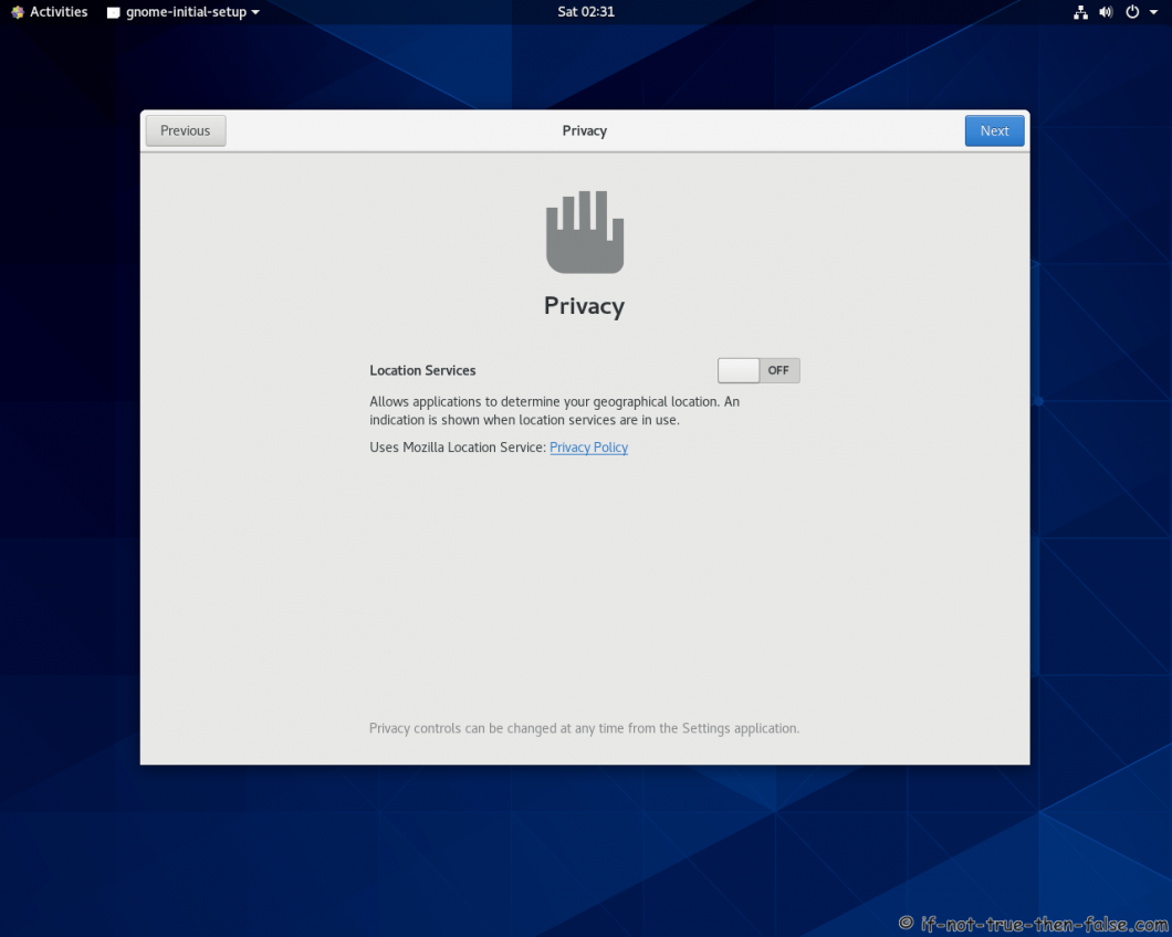 CentOS Stream 8 Gnome Initial Setup Privacy