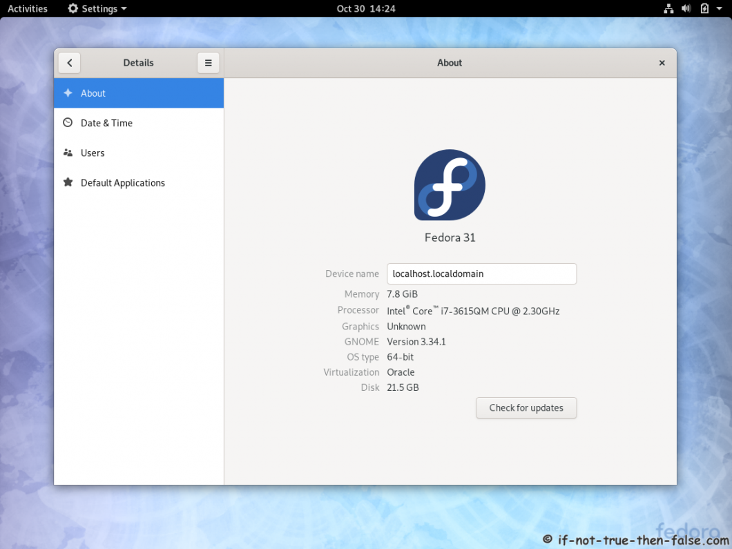Fedora 31 Desktop Install - Gnome Details